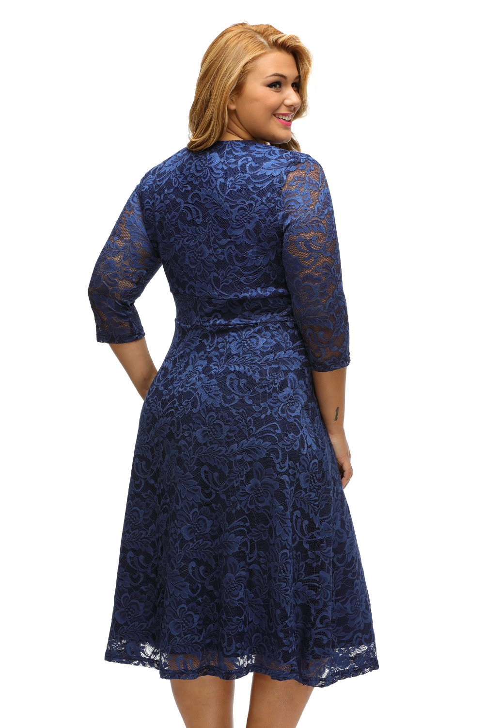 BY61442-5 Navy Blue Plus Size Surplice Lace Formal Skater Dress